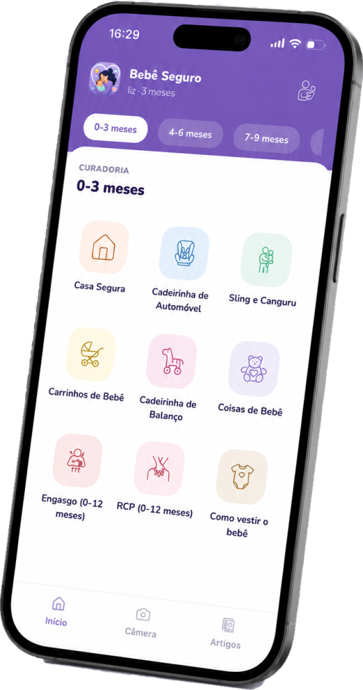 Tela inicial do app Bebê Seguro com os temas de segurança por idade do bebê
