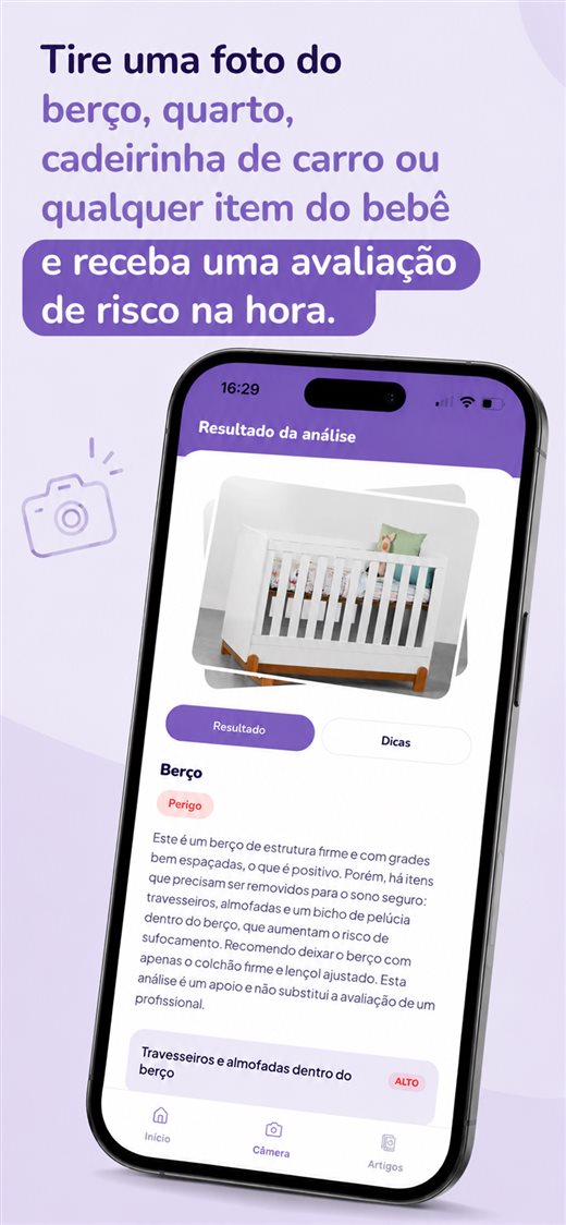 Tela do app: tire uma foto do berço ou de qualquer item do bebê e receba uma avaliação de risco na hora