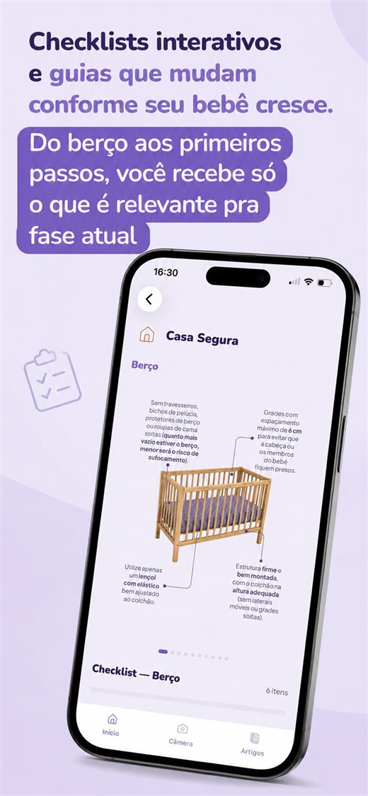 Tela do app: checklists interativos que mudam conforme o bebê cresce