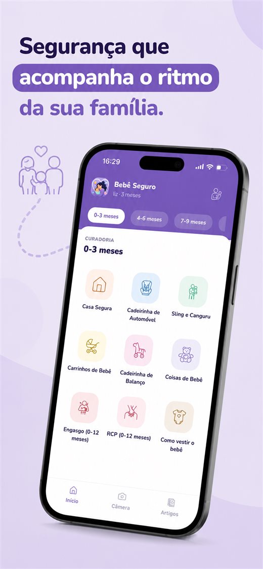 Tela do app: segurança que acompanha o ritmo da família, com curadoria por idade